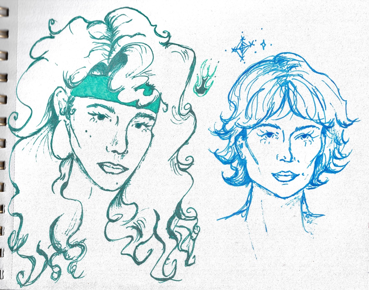 portraits of beatriz da costa and tora olafsdotter done in gel pen lineart, green and blue respectively