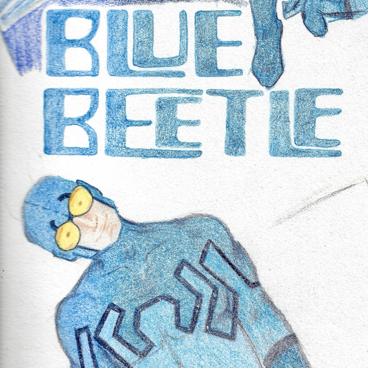 ted kord blue beetle in costume, leaning off to the left, avoiding the 'blue beetle' title in a retrofuturistic font