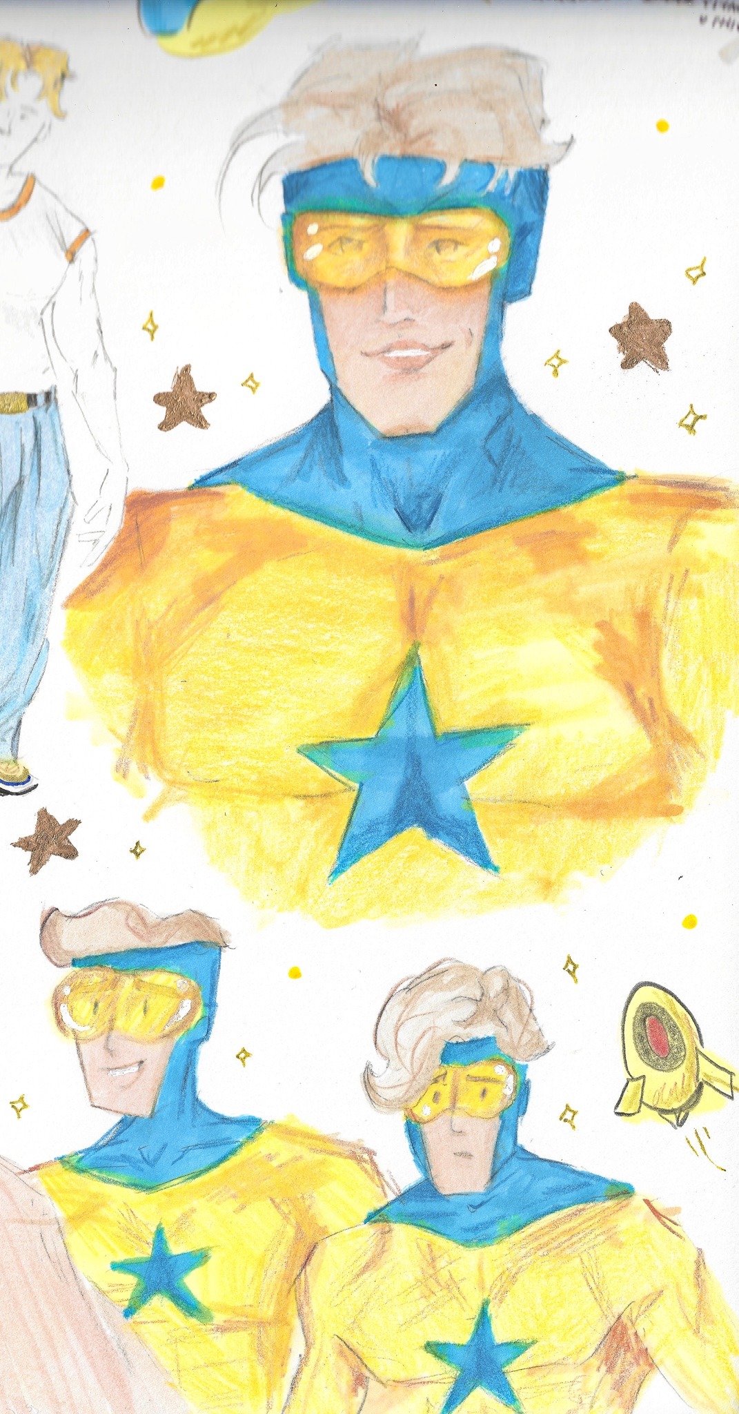 sketchbook page of booster gold