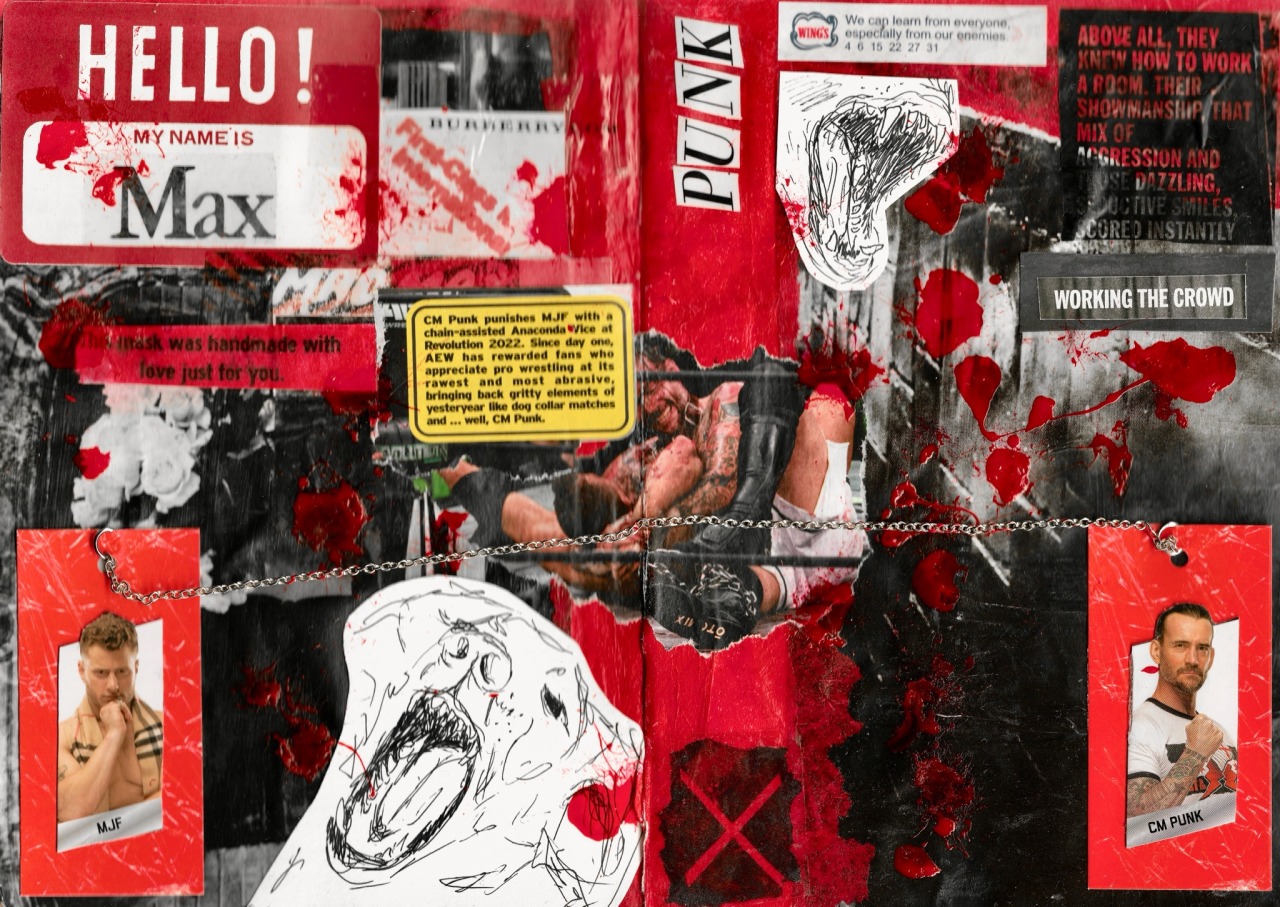 a red collage based on the cm punk mjf dog collar match