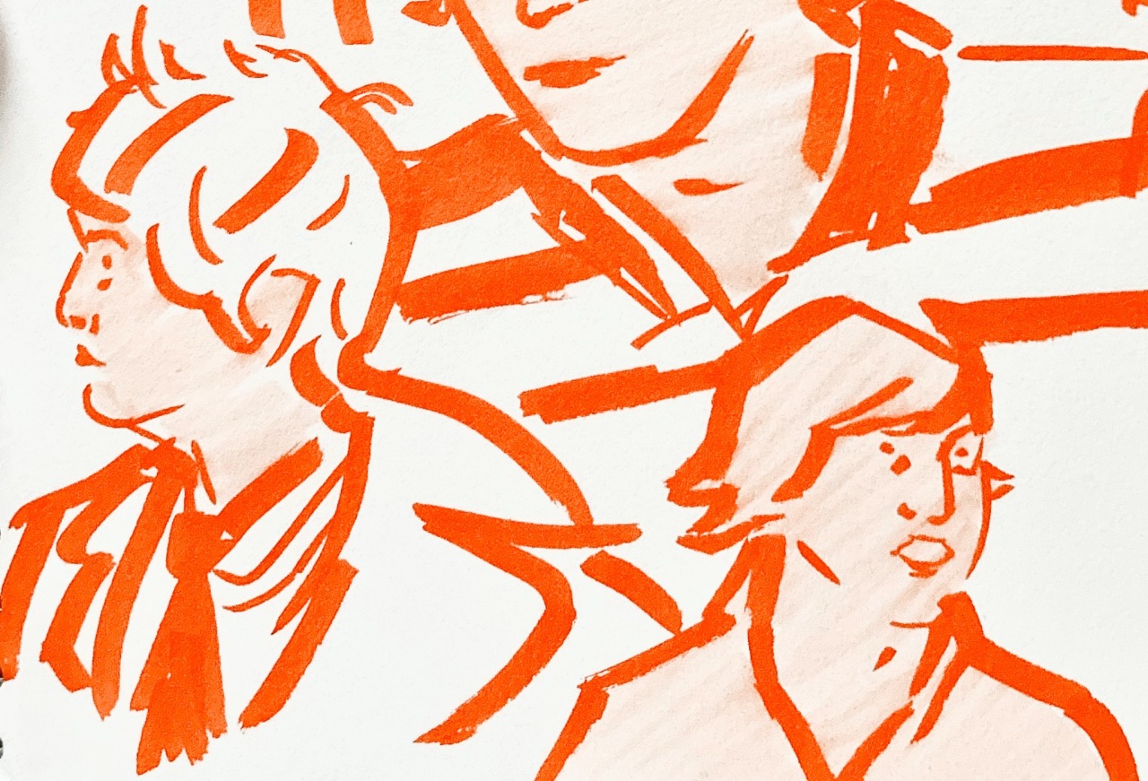 quick orange marker sketches of matt johnson in the dirties